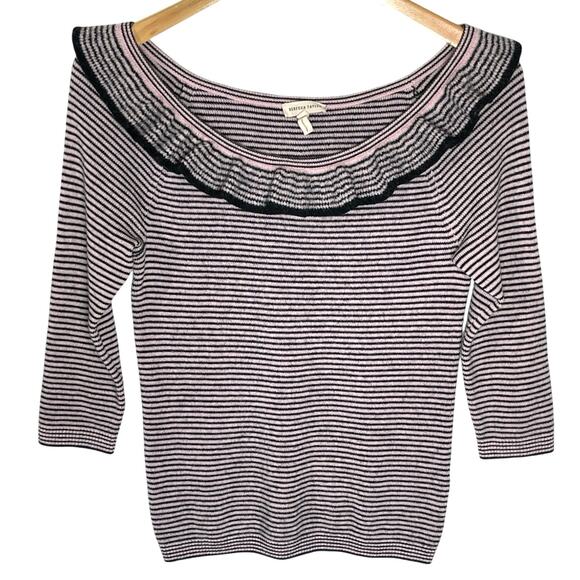 REBECCA TAYLOR Women’s 100% Merino Wool Ruffle Pink Striped Sweater - Picture 3 of 6